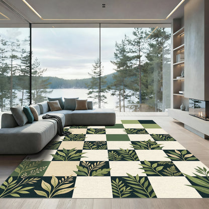 Botanical Green Checkerboard Leaf Garden Rug