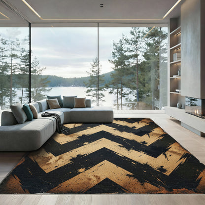 Distressed Golden Black Chevron Stripe Rug