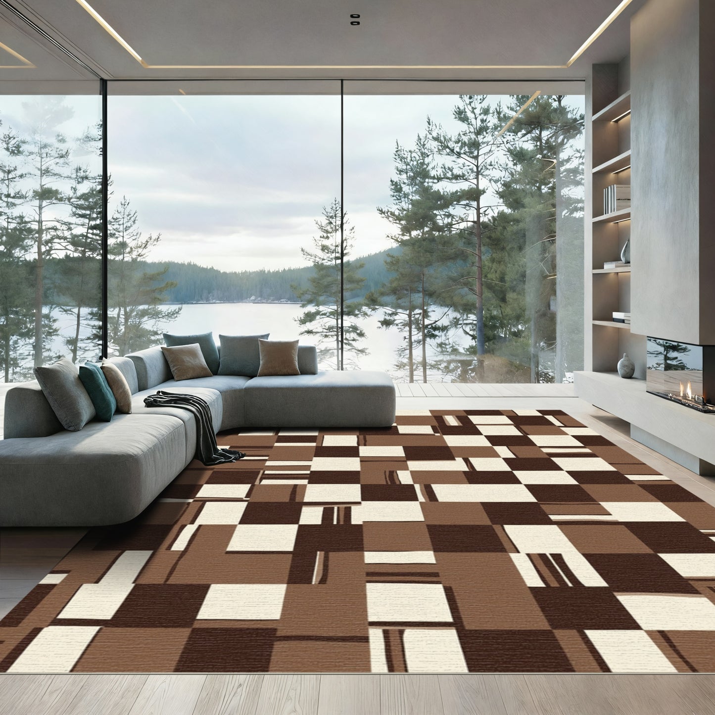 Brown Cream Abstract Gingham Squares Rug