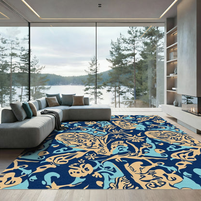 Navy Blue Organic Vine Floral Rug