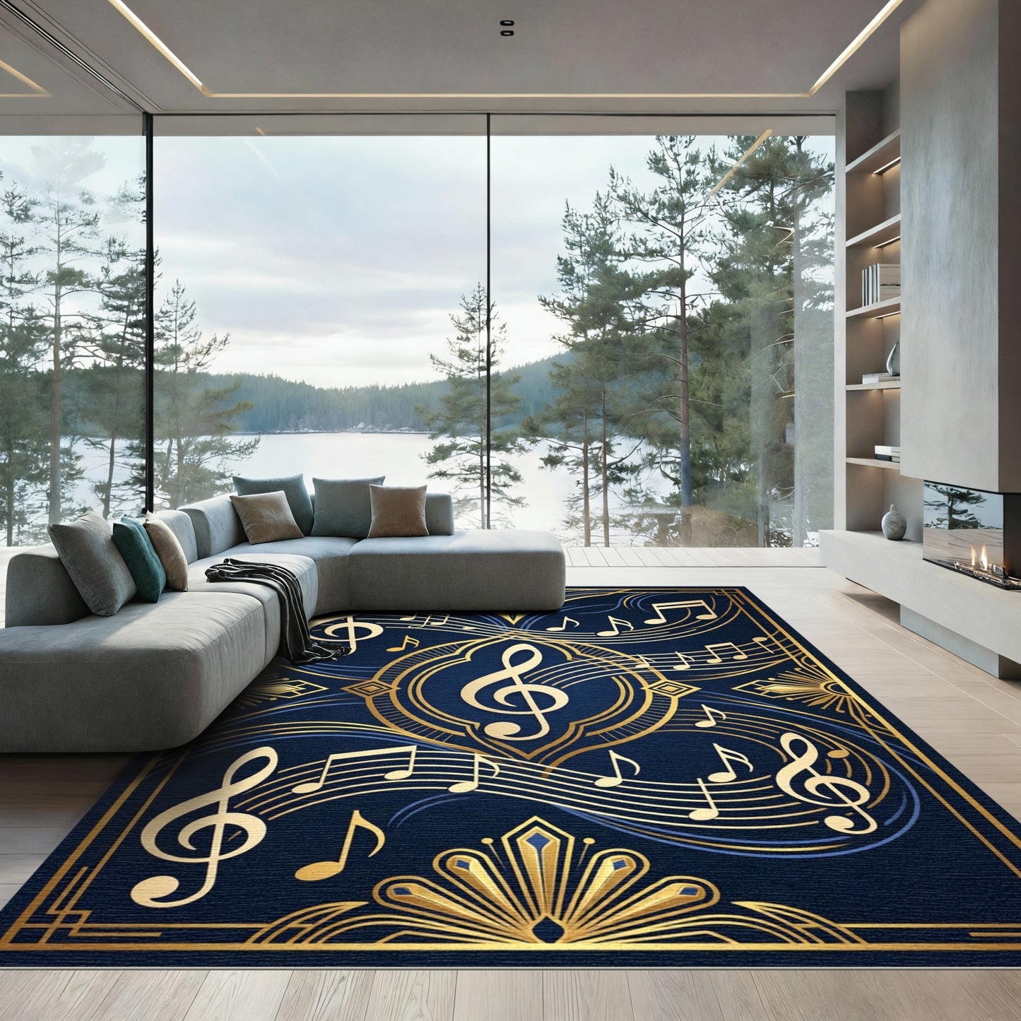 Art Deco Navy Golden Musical Notes Rug