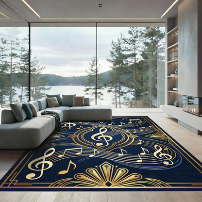 Art Deco Navy Golden Musical Notes Rug