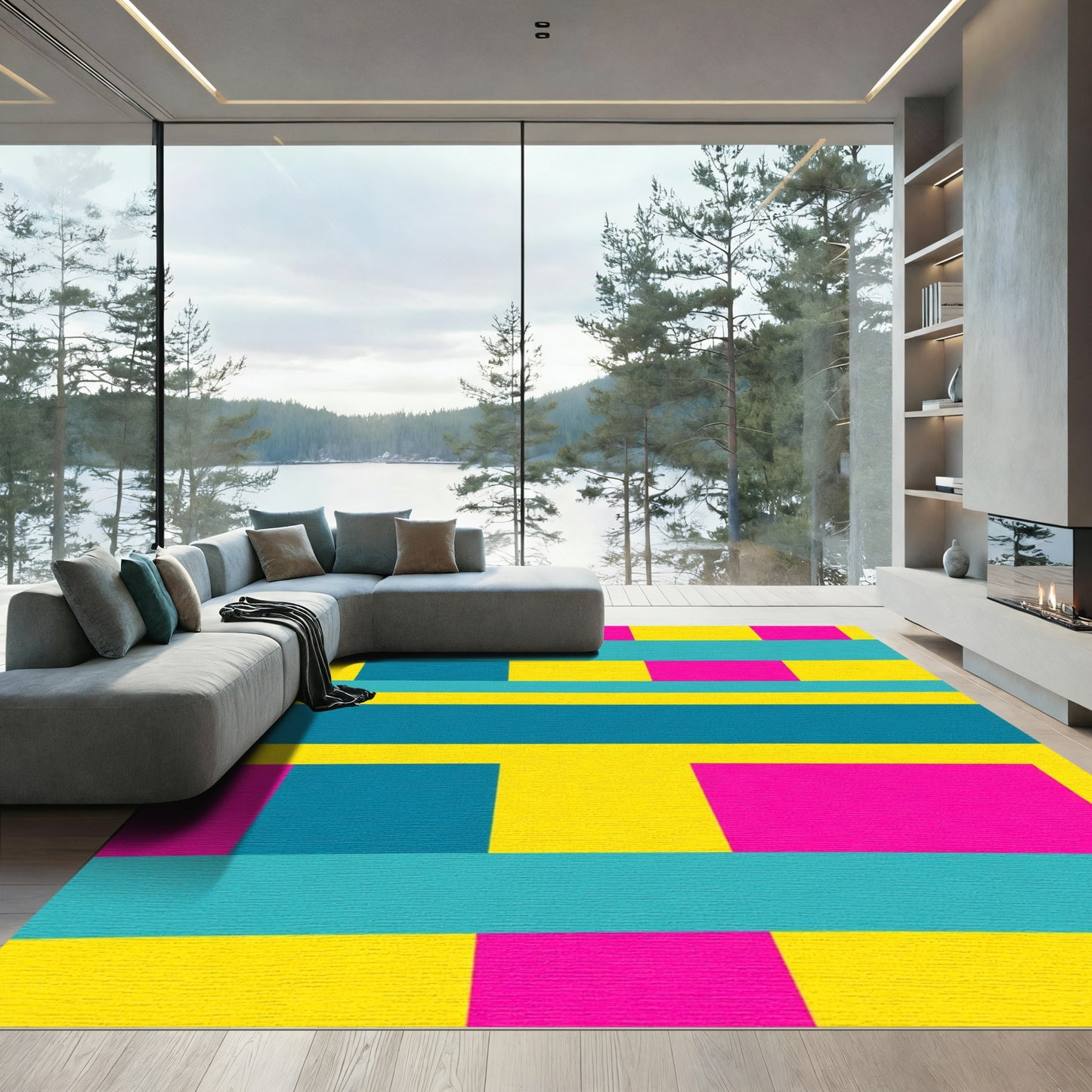 Bold Geometric Stripes Yellow Teal Pink Rug