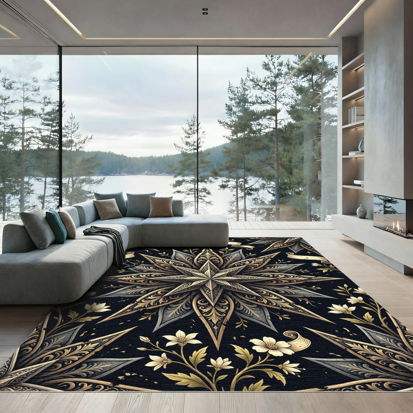 Ornate Gold and Black Floral Starburst Rug