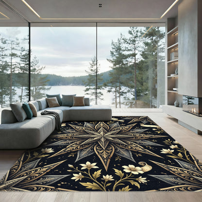 Ornate Gold and Black Floral Starburst Rug