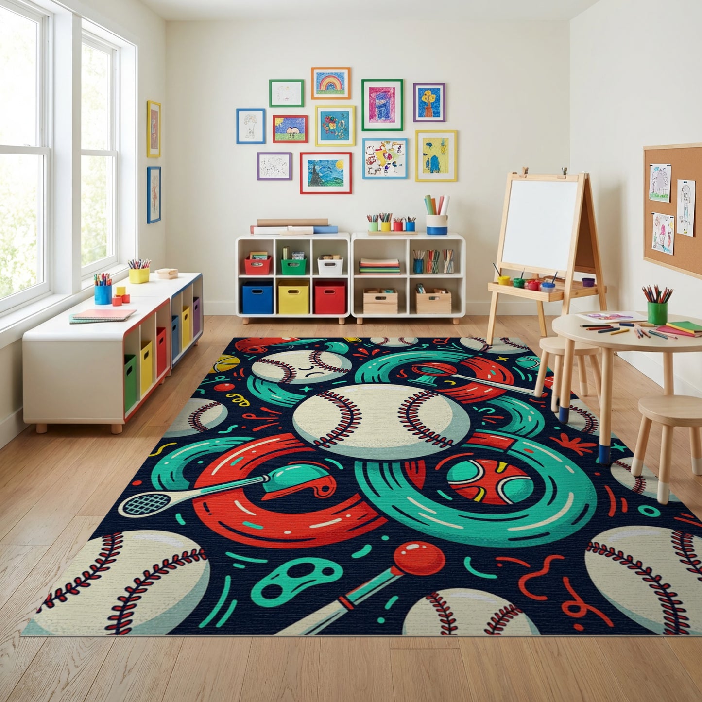 Whimsical Baseball Bats Rings Helmets Rug