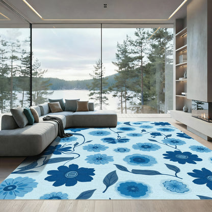 Shades of Blue Floral Butterfly Garden Rug