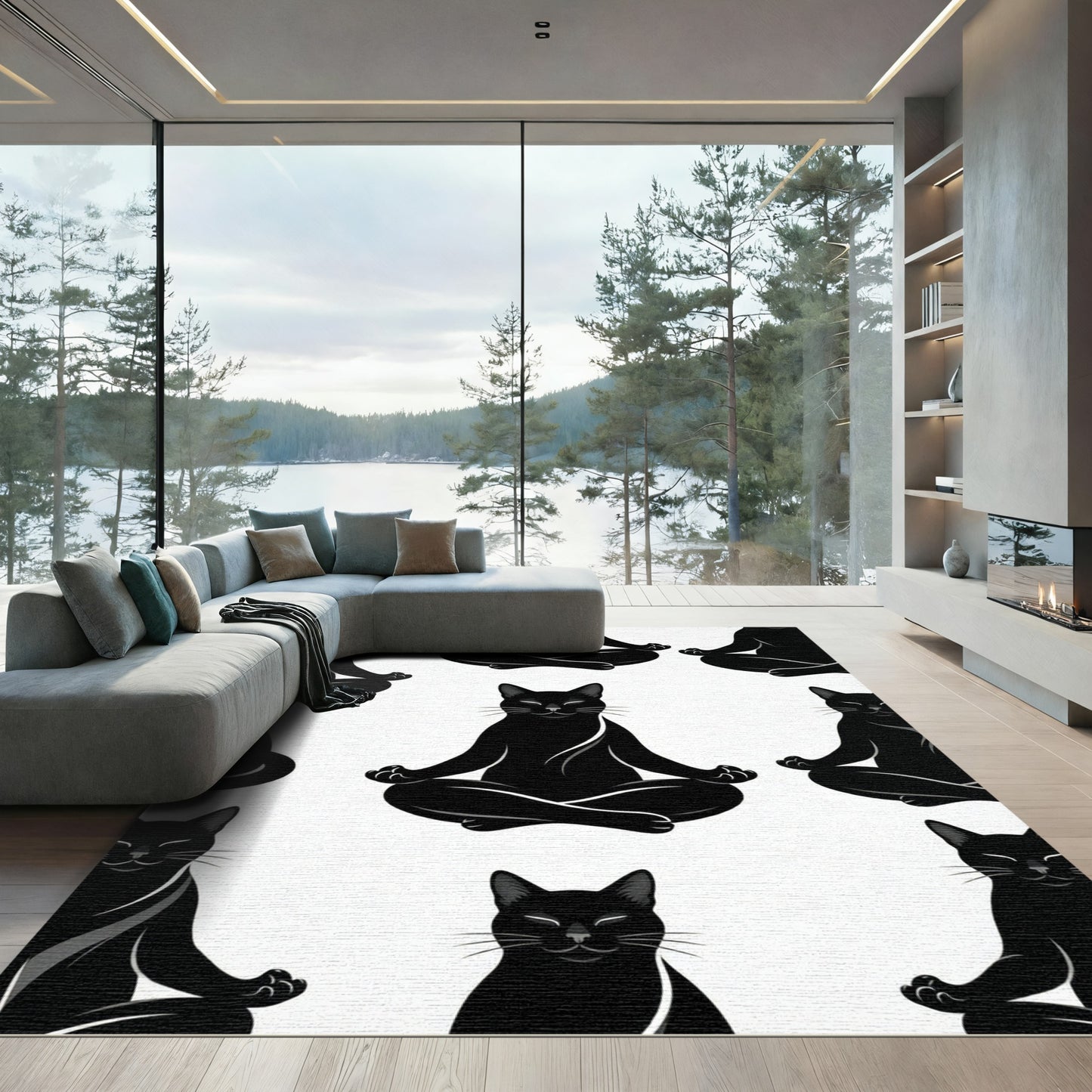 Black Zen Cat Meditation Art Rug
