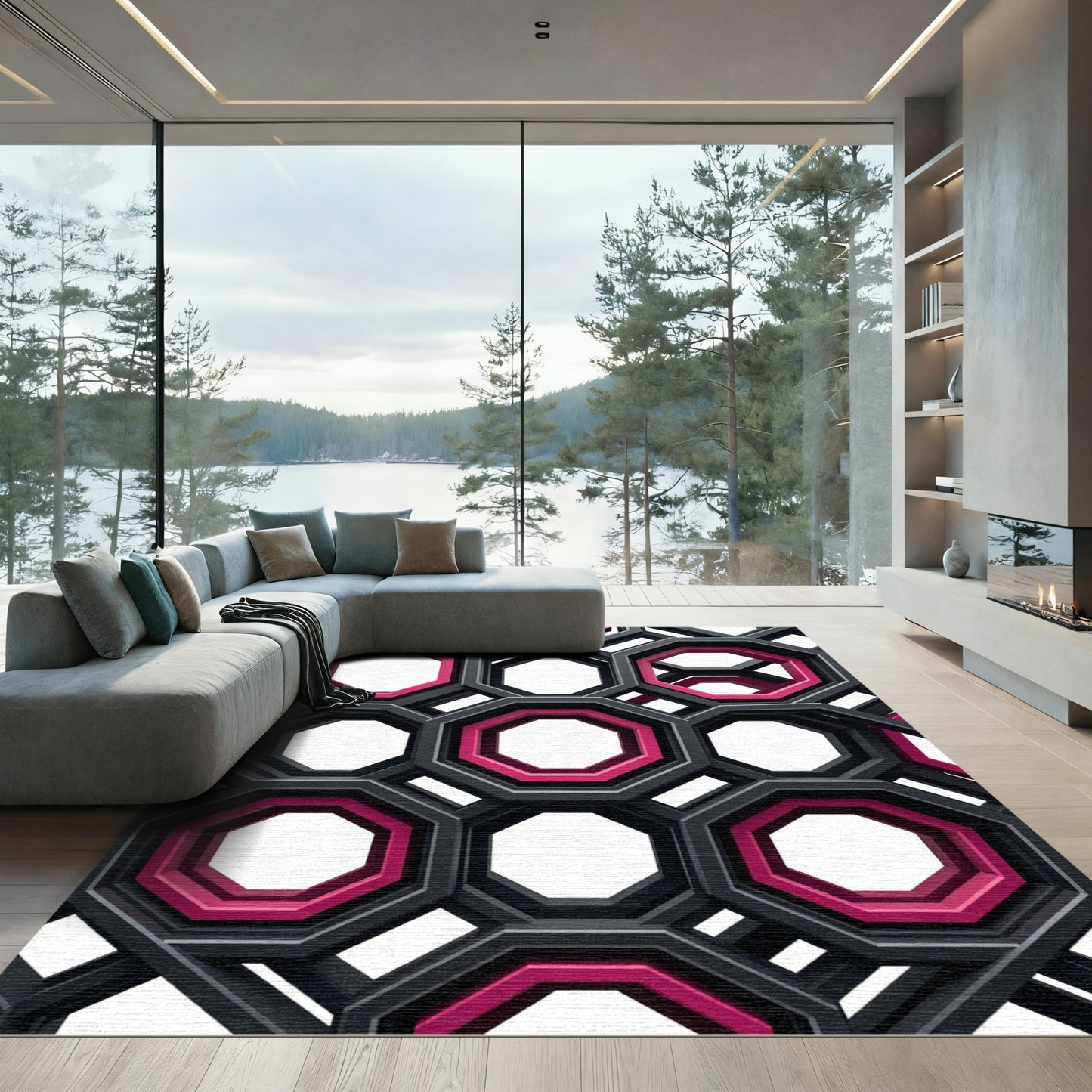 Modern Black Pink Octagonal Geometric Rug