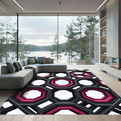 Modern Black Pink Octagonal Geometric Rug