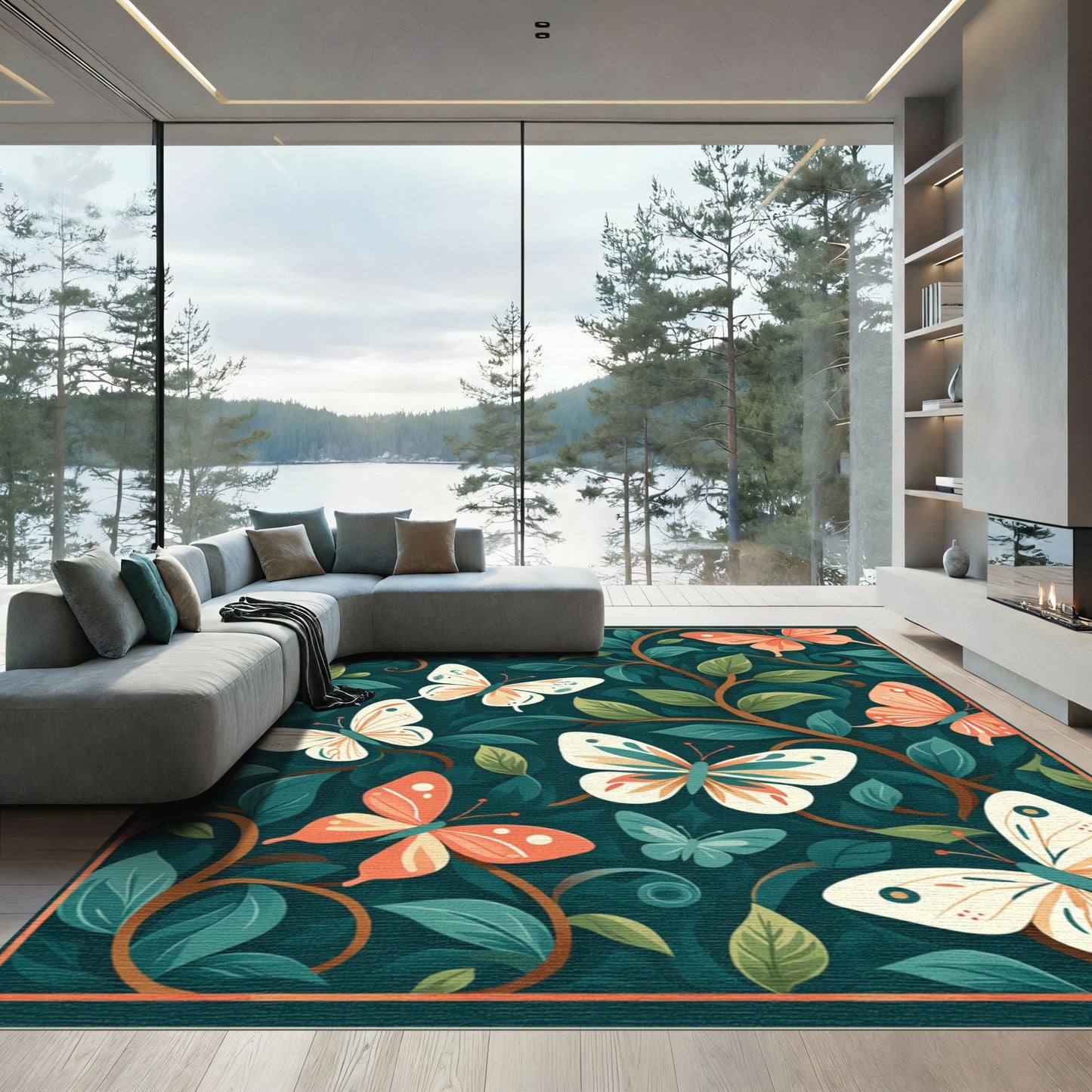 Coral Butterflies on Dark Teal Foliage Rug