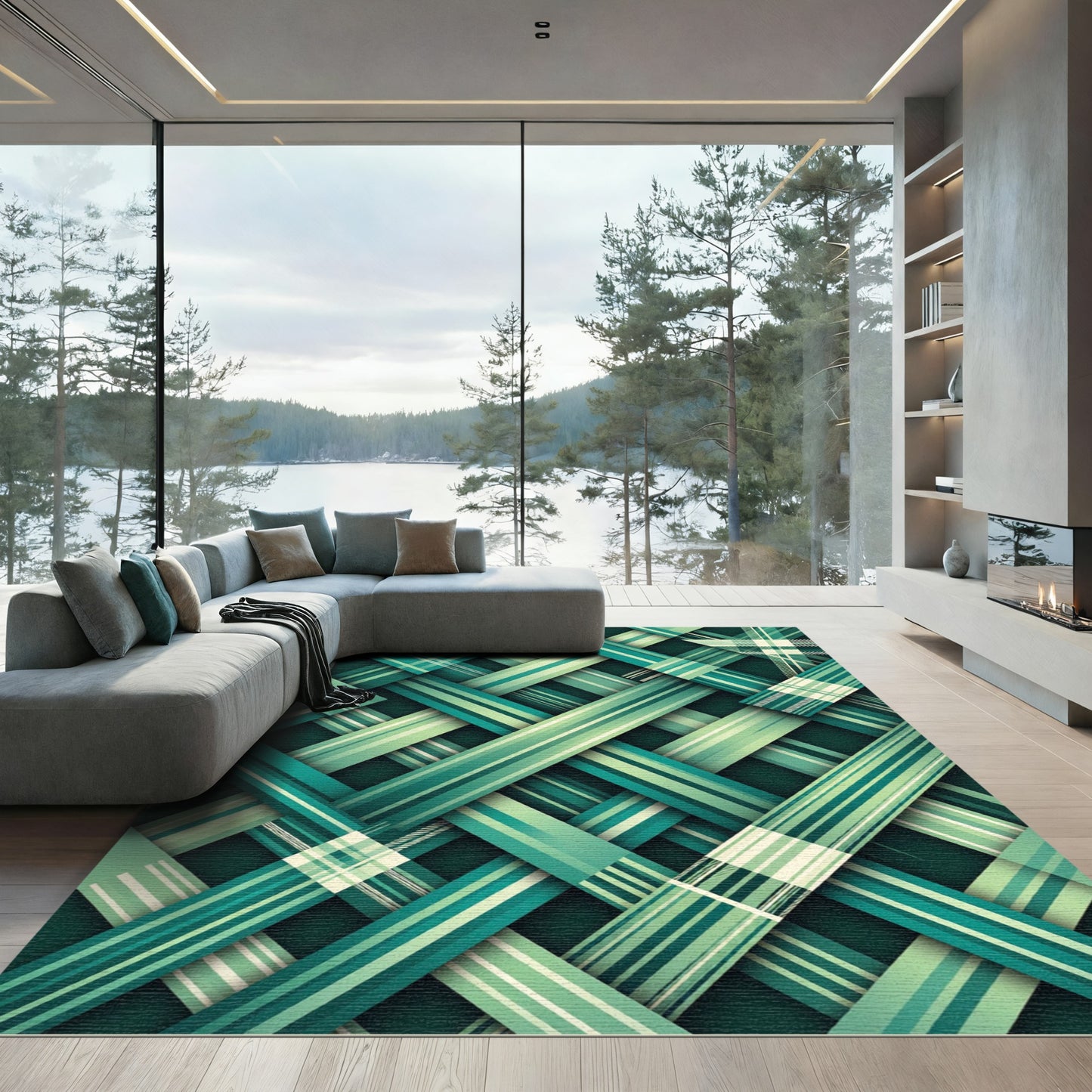 Interwoven Emerald Plaid Lattice Grid Rug