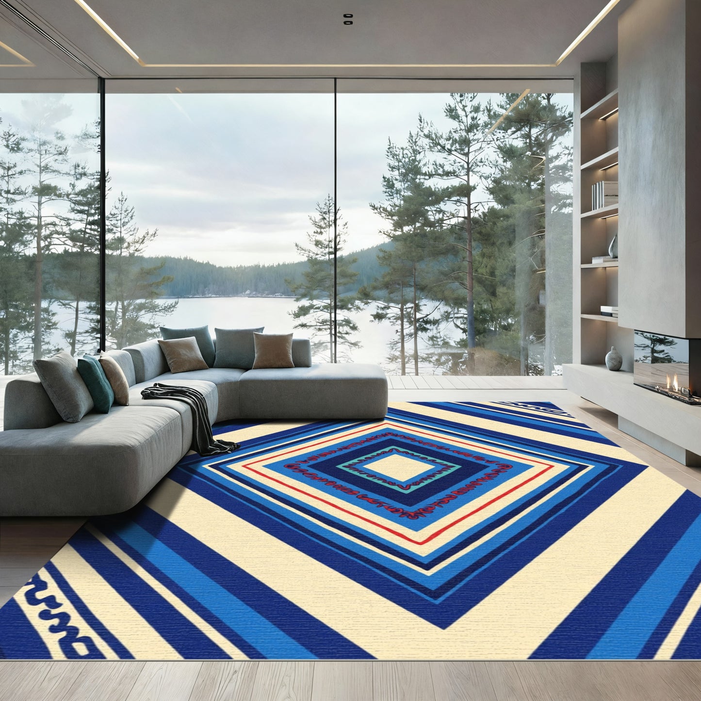 Vibrant Geometric Diamond Red Blue Stripes Rug