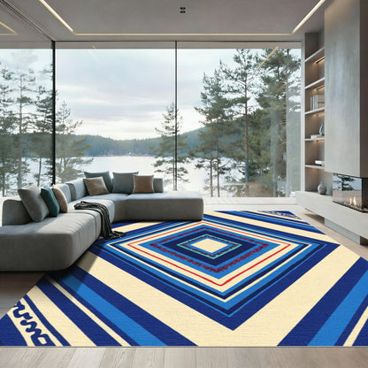 Vibrant Geometric Diamond Red Blue Stripes Rug