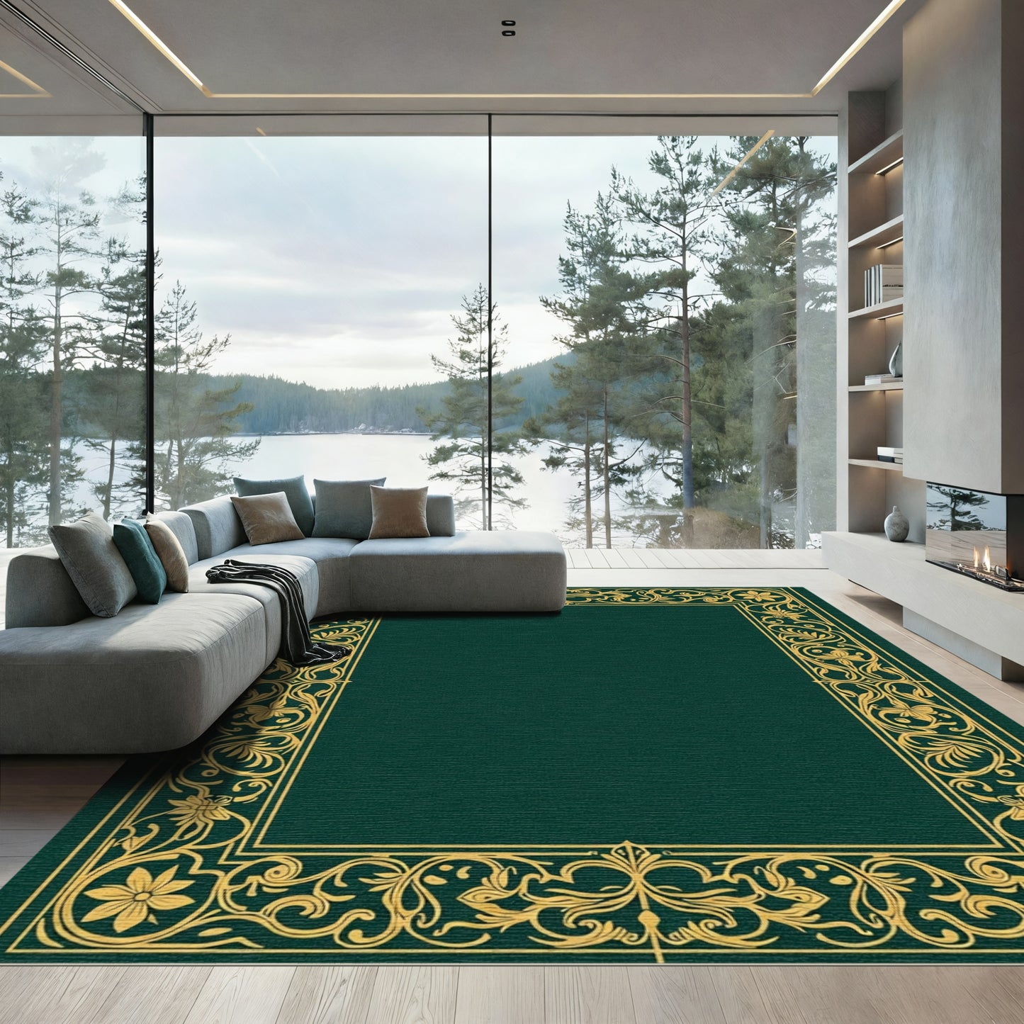 Emerald Green Gold Floral Scroll Border Rug