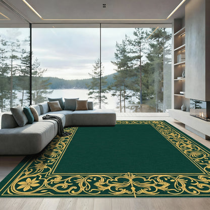 Emerald Green Gold Floral Scroll Border Rug