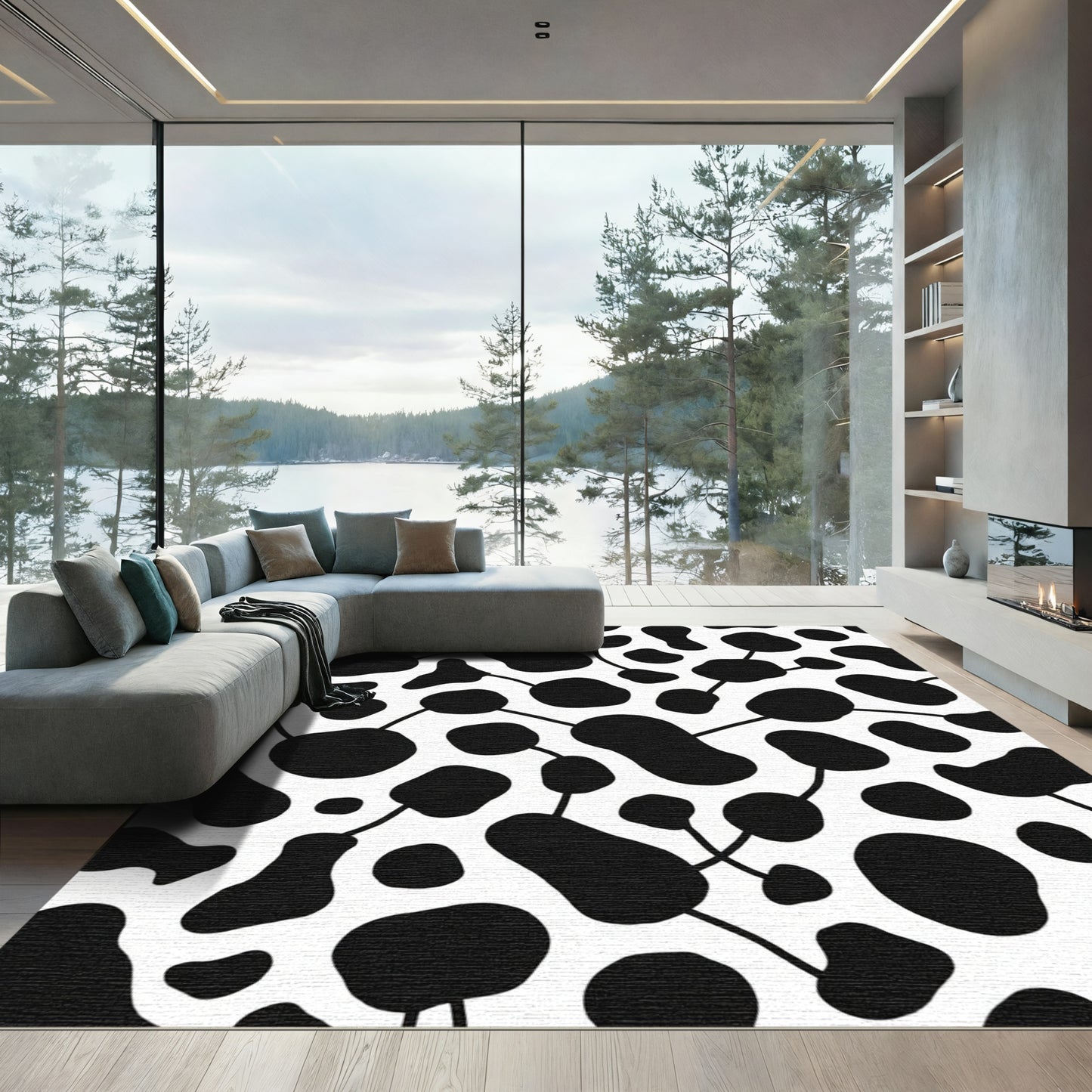 Black White Abstract Blob Connective Rug