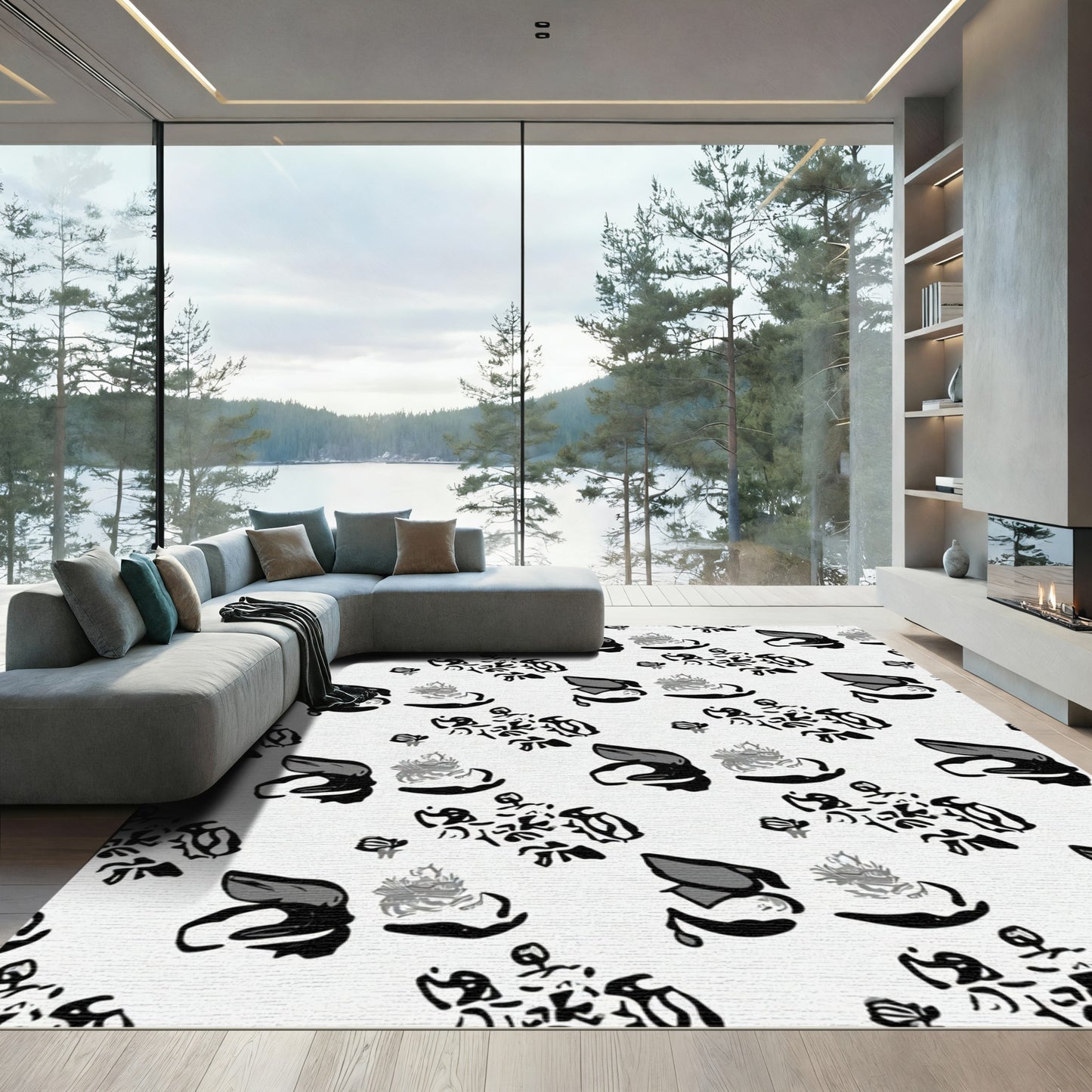 Bold Monochrome Abstract Floral Rug