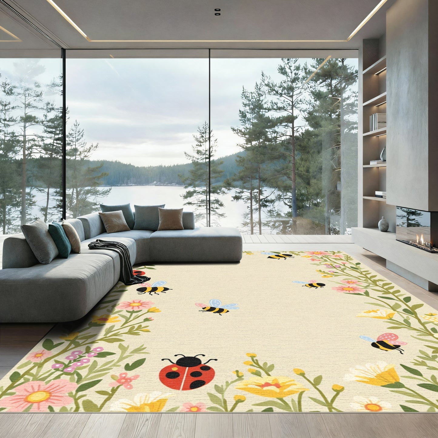 Whimsical Bees and Ladybugs Garden Rug