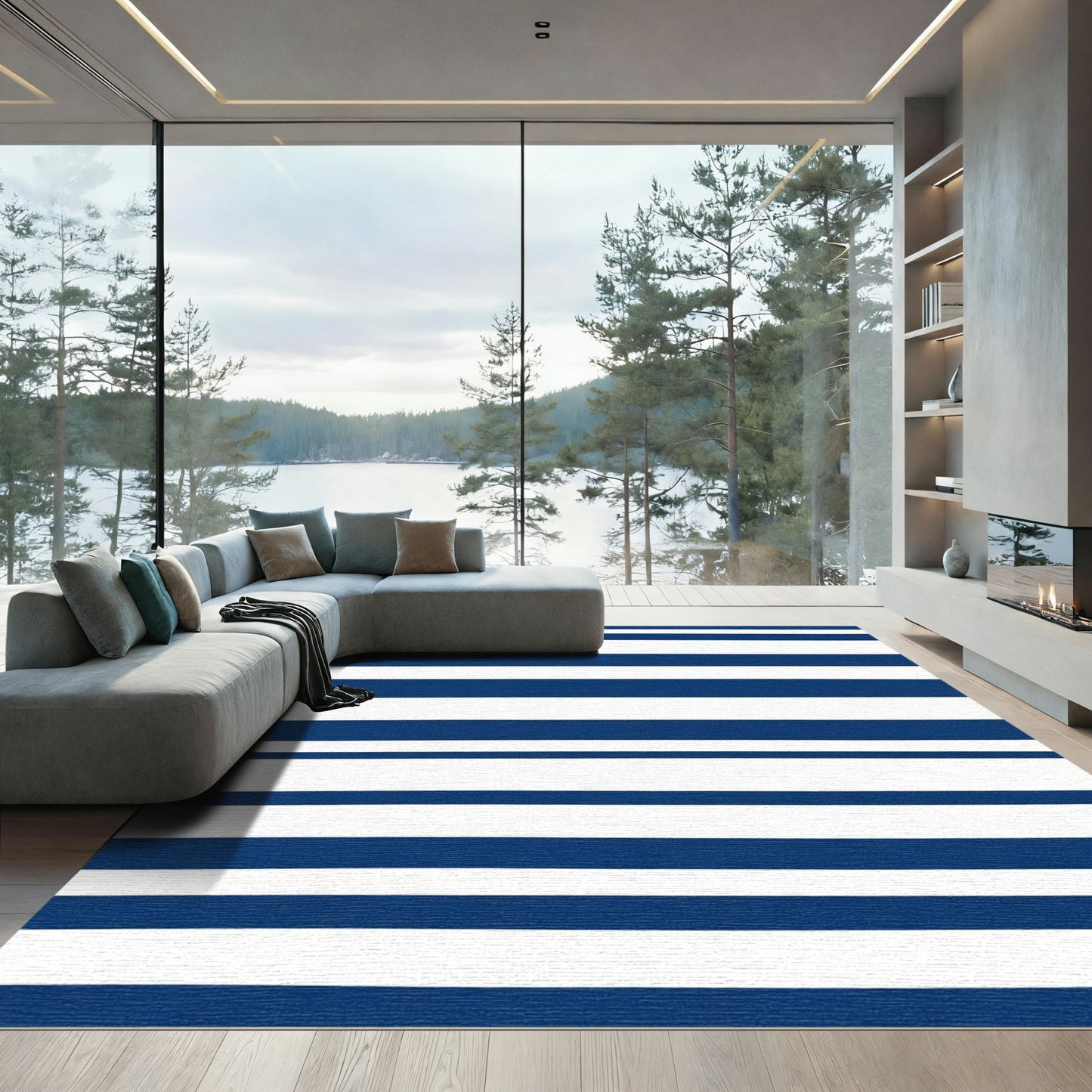 Classic Navy White Striped Rug