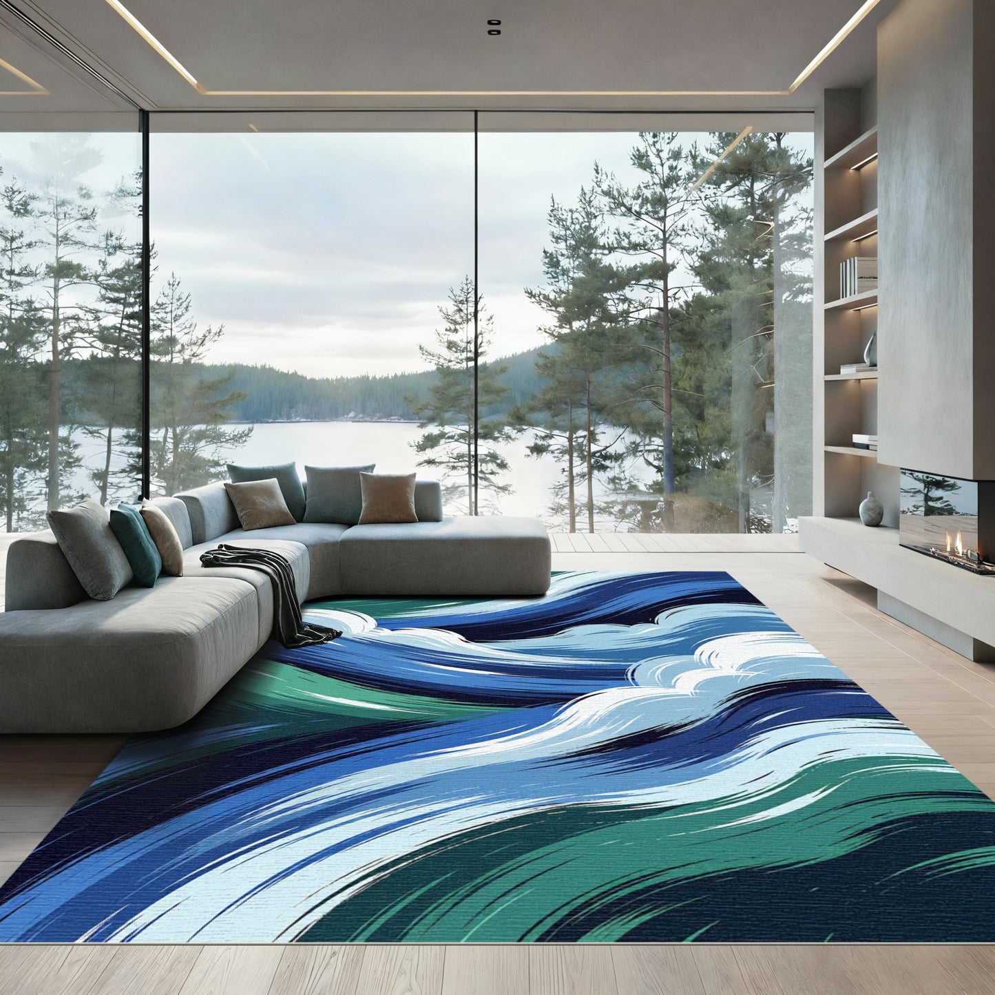 Deep Blue Emerald Swirl Waves Rug