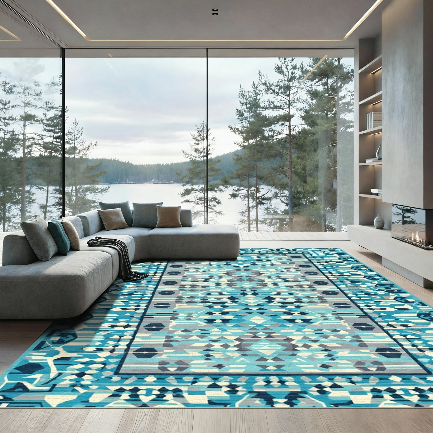Abstract Teal Blue Geometric Diamond Rug