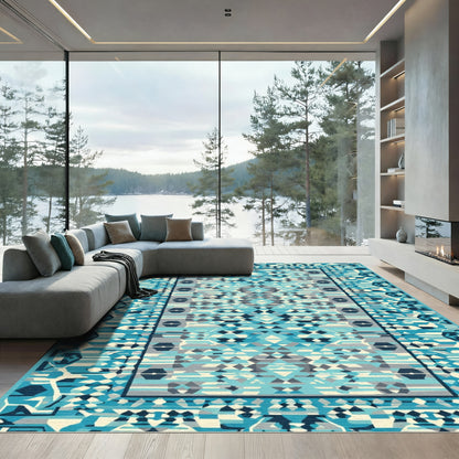 Abstract Teal Blue Geometric Diamond Rug