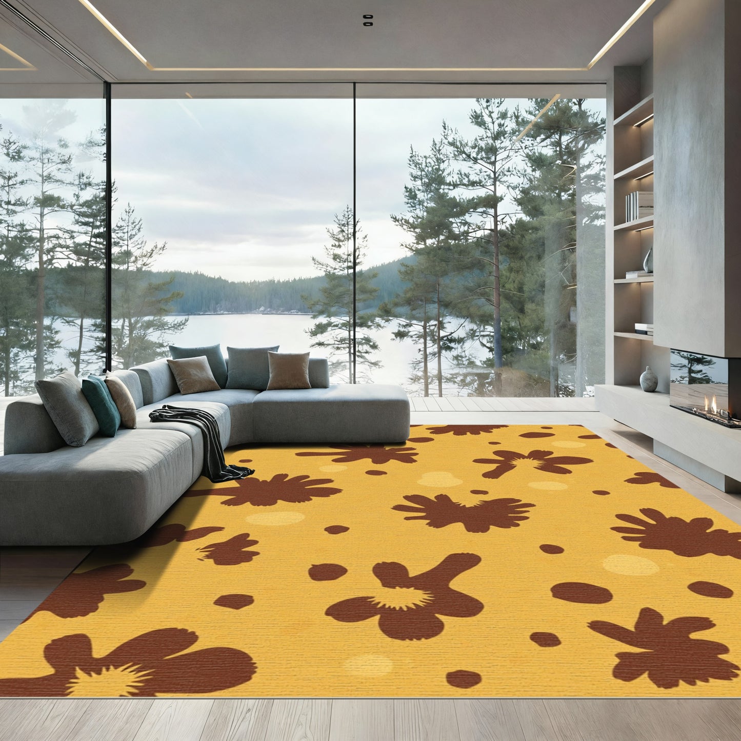 Rustic Yellow Brown Splatter Flowers Rug