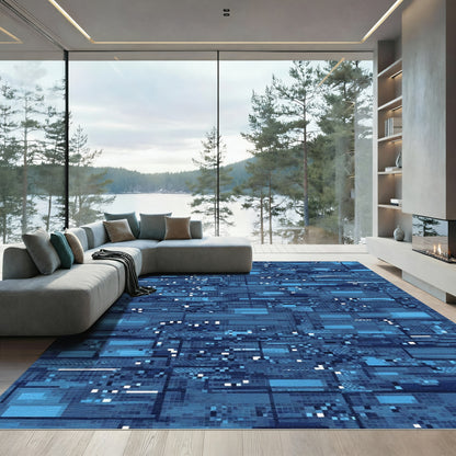 Glitchy Deep Blue Rectangular Collage Rug