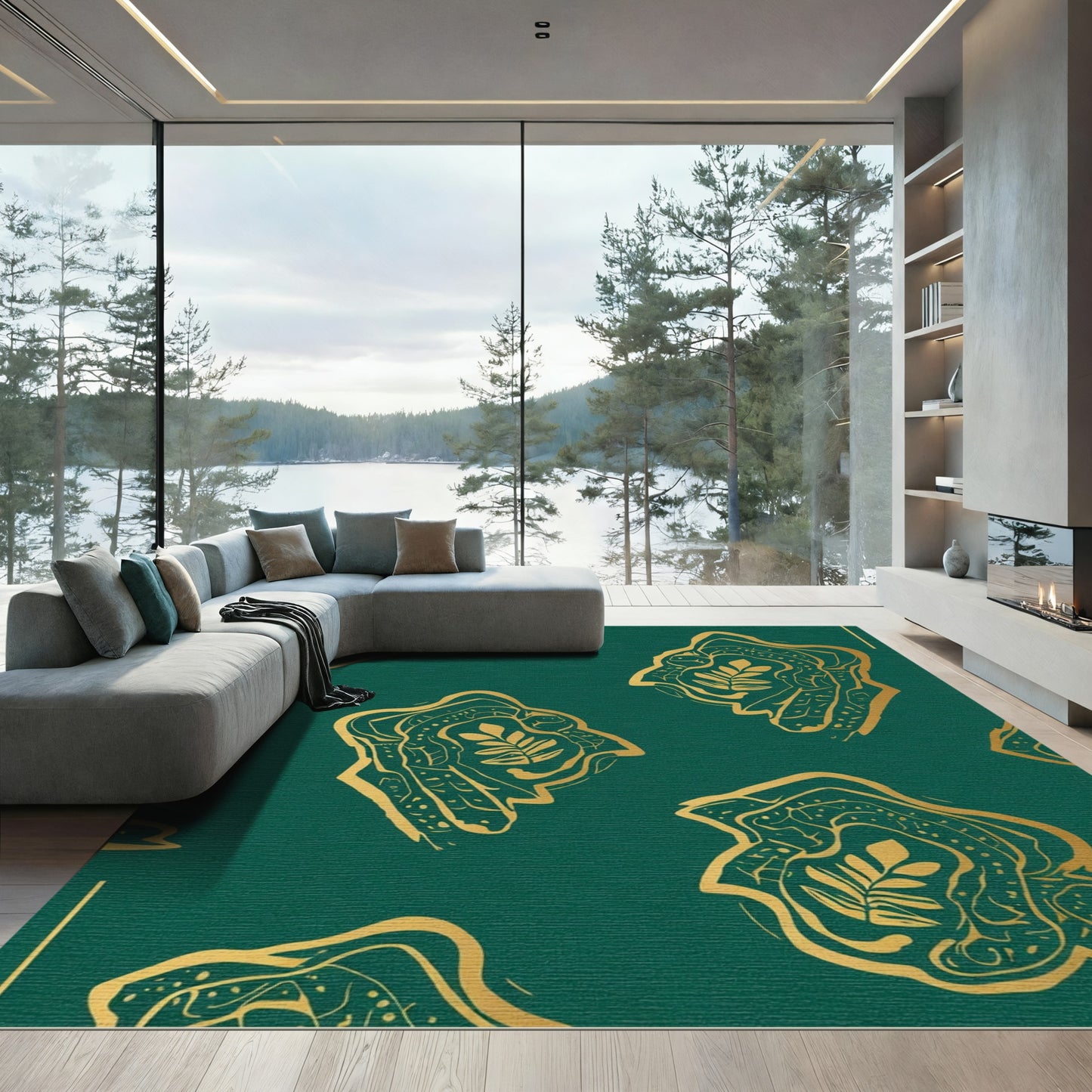 Emerald Gold Abstract Botanical Medallion Rug