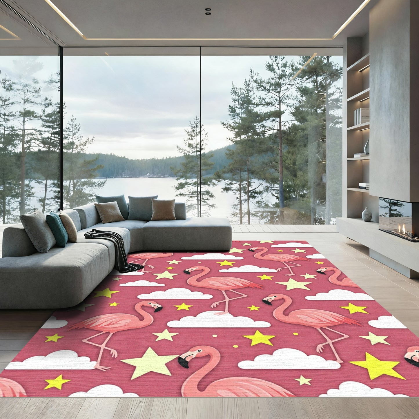 Pink Flamingo Starry Cloud Whimsical Rug