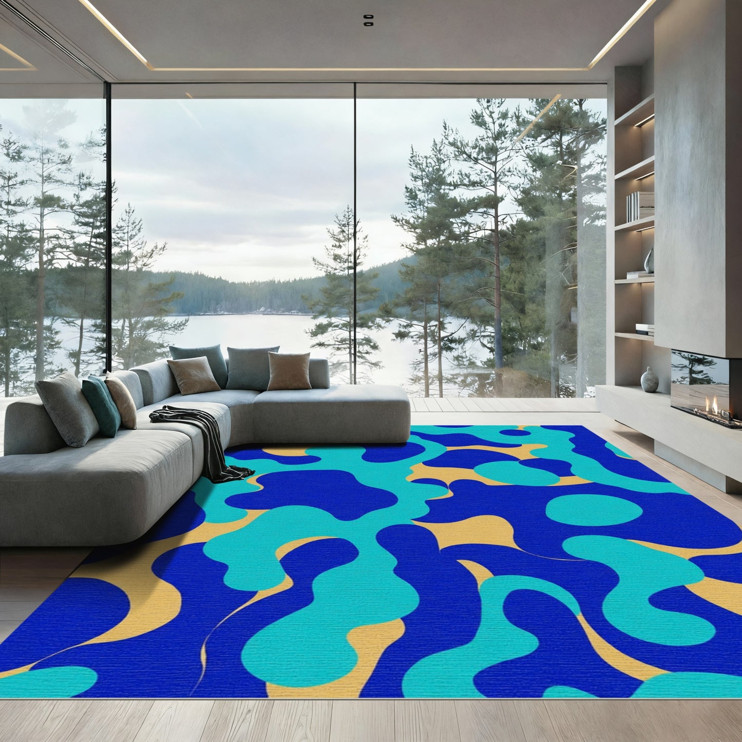 Oceanic Blue Abstract Amoeba Rug