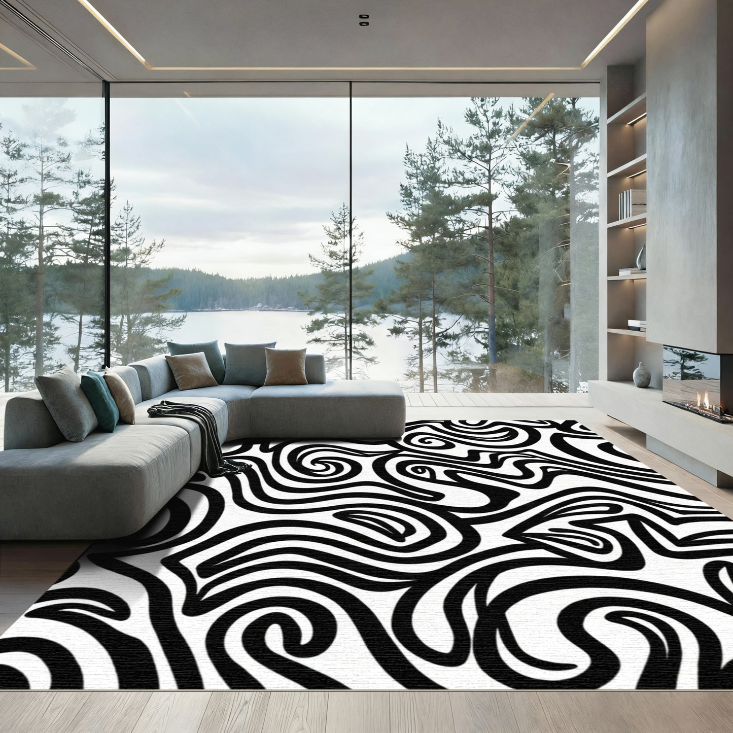 Bold Black Swirl Abstract Rug
