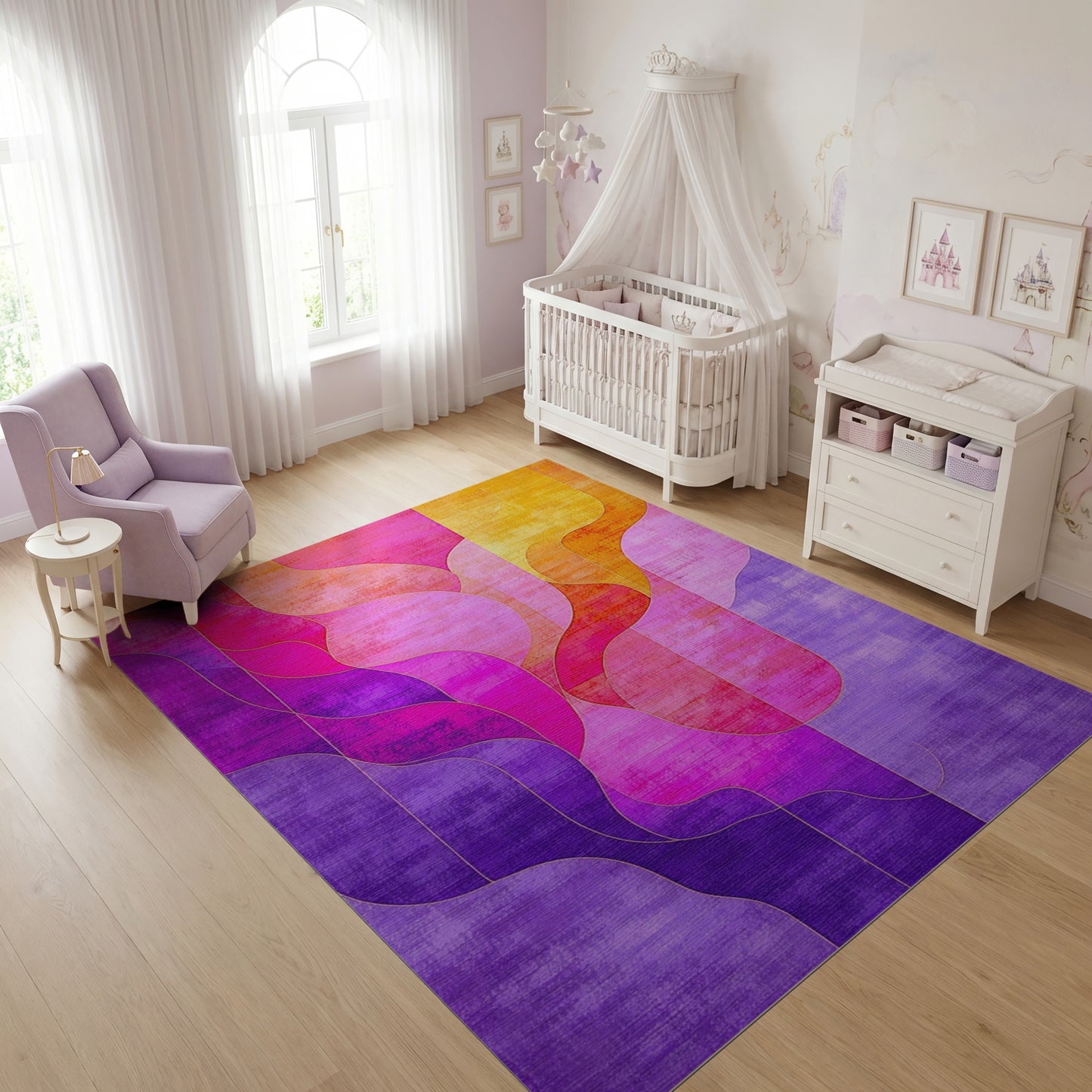 Vibrant Purple Pink Orange Abstract Waves Rug