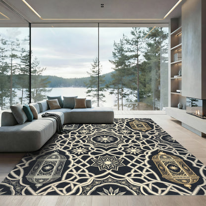 Elegant Gold Lantern Geometric Scroll Rug