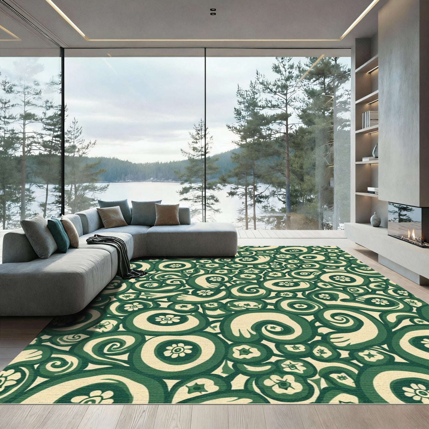 Organic Green Swirl Flower Repeating Rug
