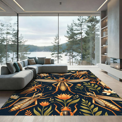 Golden Insect Garden on Navy Background Rug