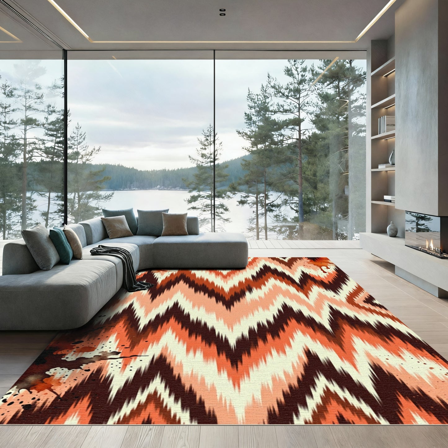 Burnt Orange And Cream Zigzag Ikat Rug
