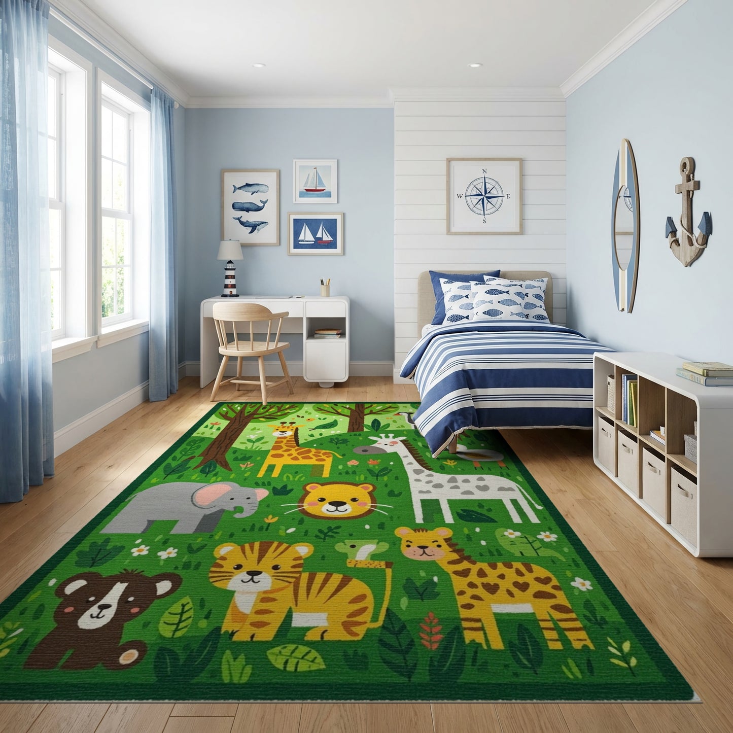 Whimsical Forest Animals Vibrant Green Rug