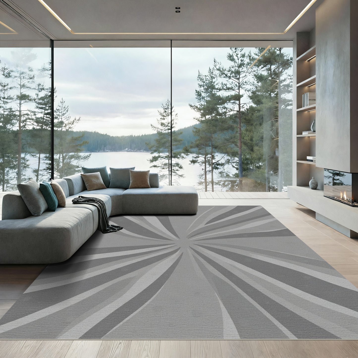 Modern Gray Sunburst Ray Rug