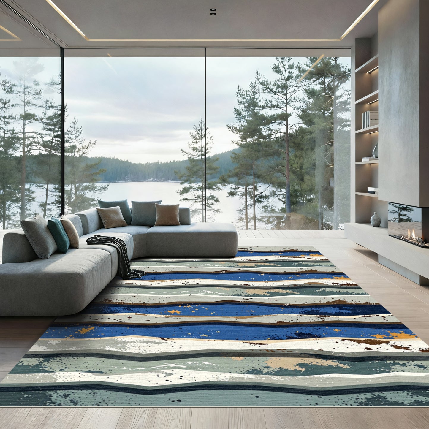 Earthy Blue Wavy Splatter Bands Rug