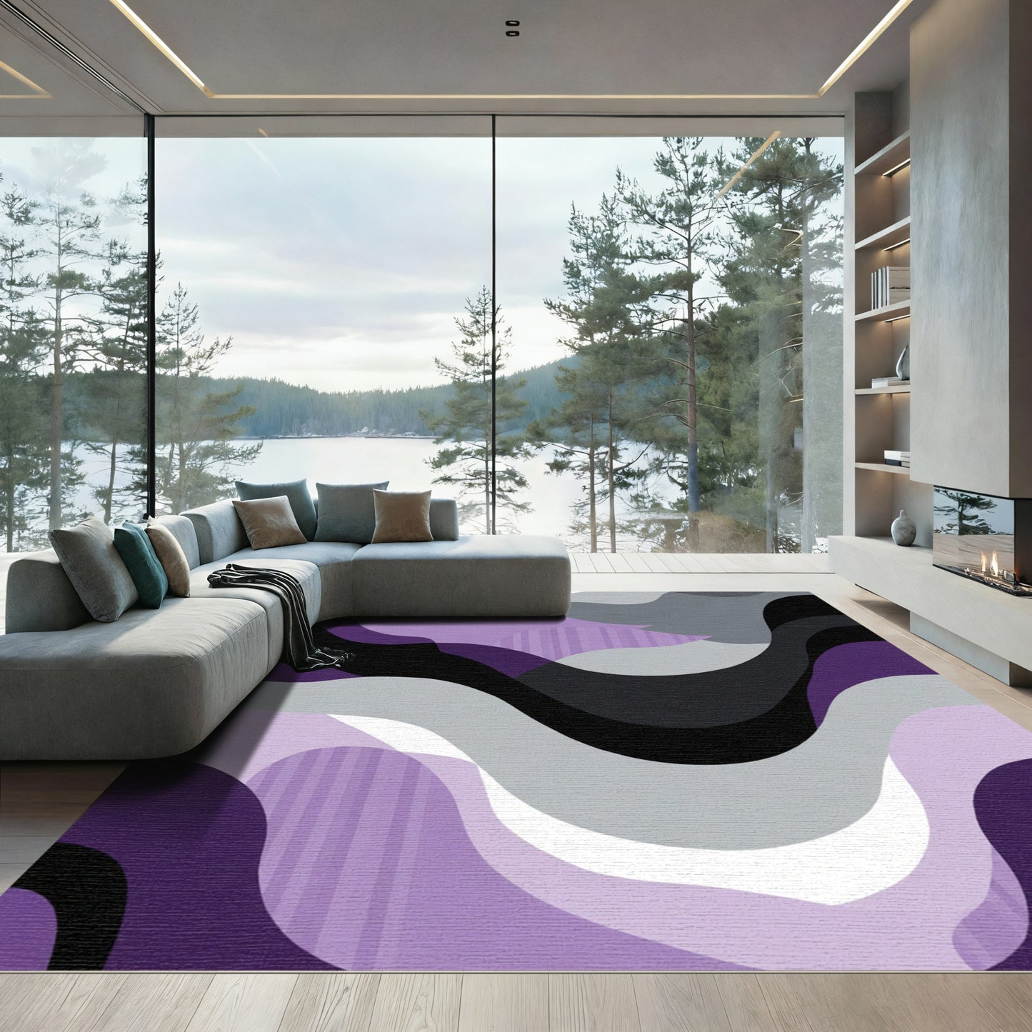 Abstract Purple Gray Wave Overlay Rug