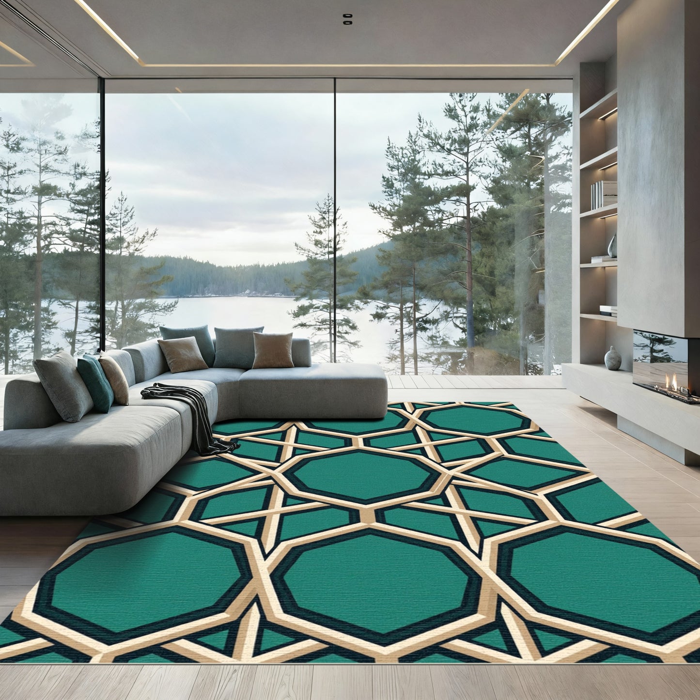 Teal Geometric Octagon Interlocking Lattice Rug