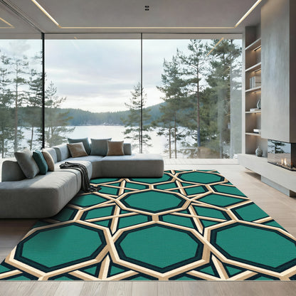 Teal Geometric Octagon Interlocking Lattice Rug
