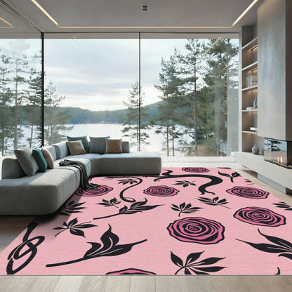 Pink Blossom Black Swirl Flourish Rug