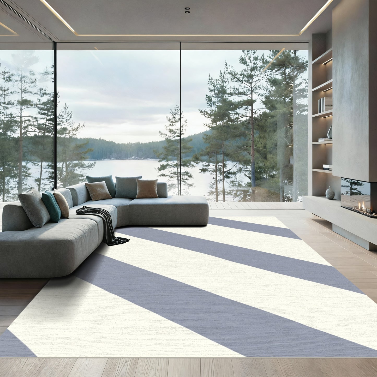 Classic Blue Cream Diagonal Stripe Rug