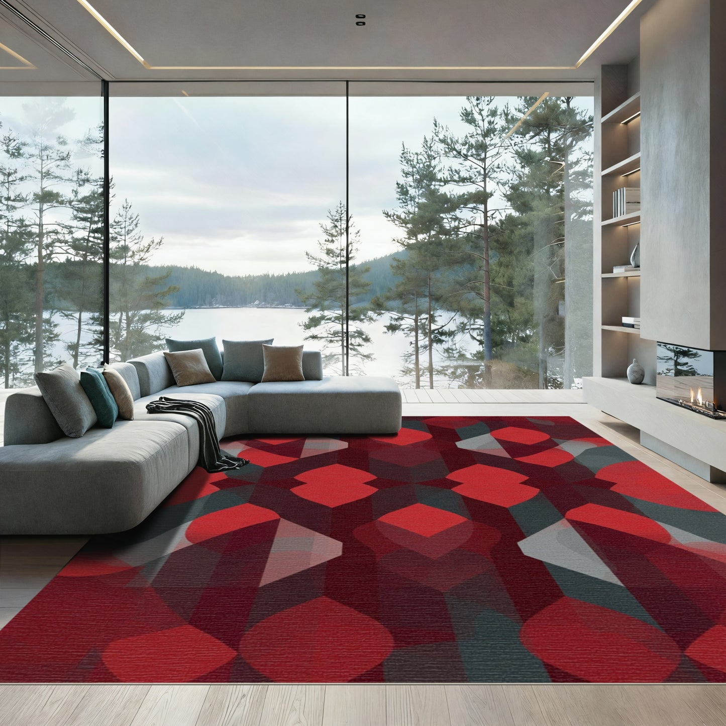 Red Crimson Geometric Overlay Rug