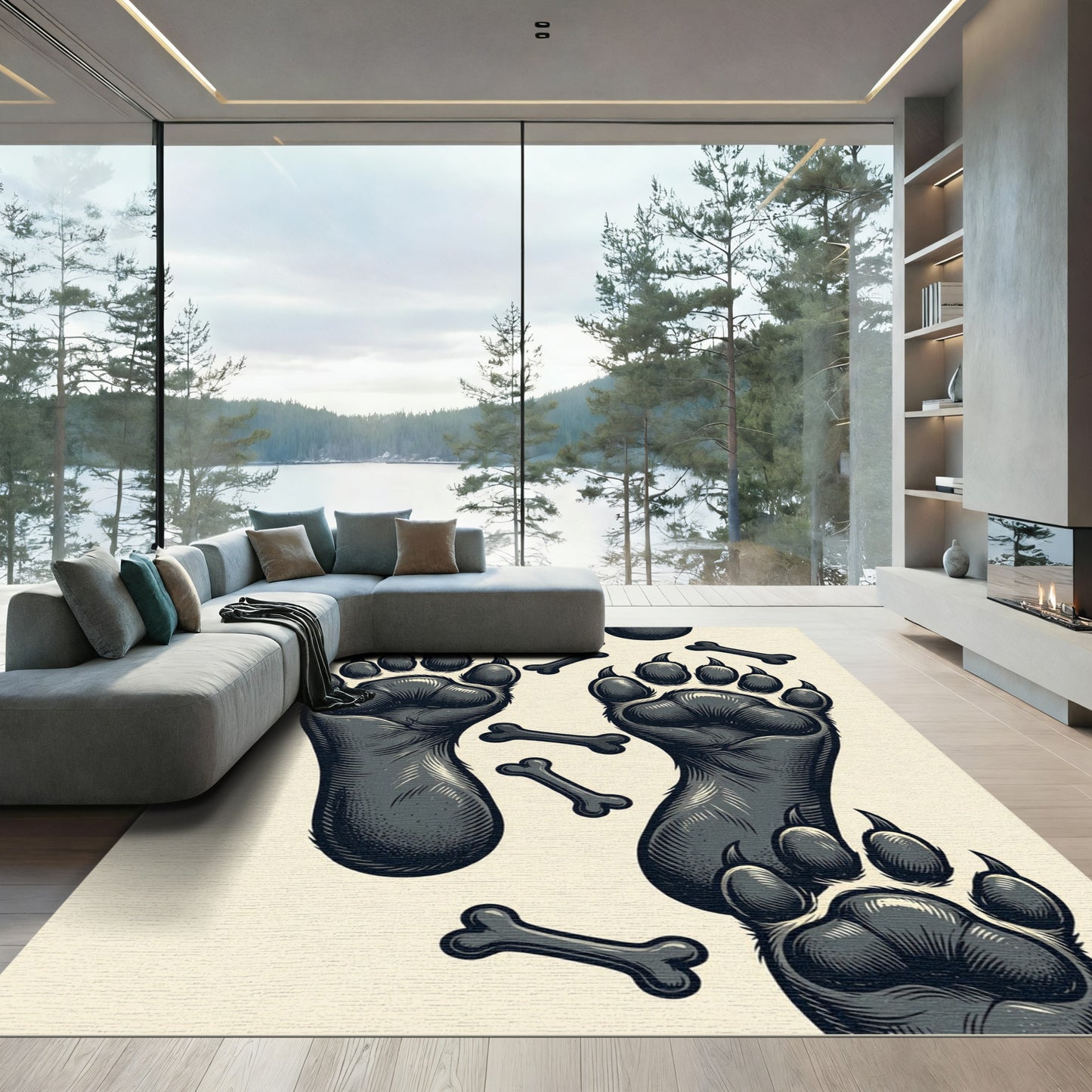 Monochromatic Bear Paw and Bone Illustration Rug