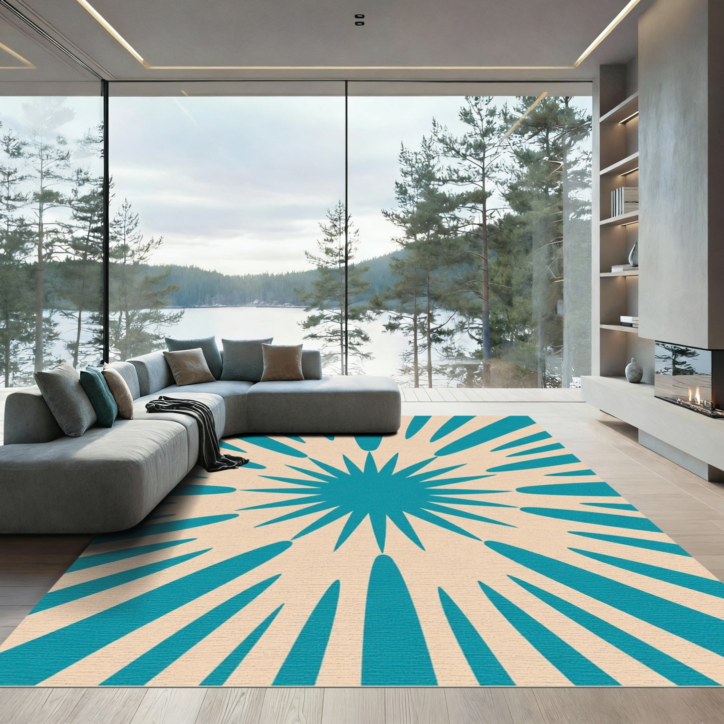 Teal Sunburst Geometric Mid Century Rug