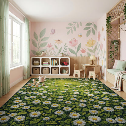 Vibrant White Daisy Meadow Rug
